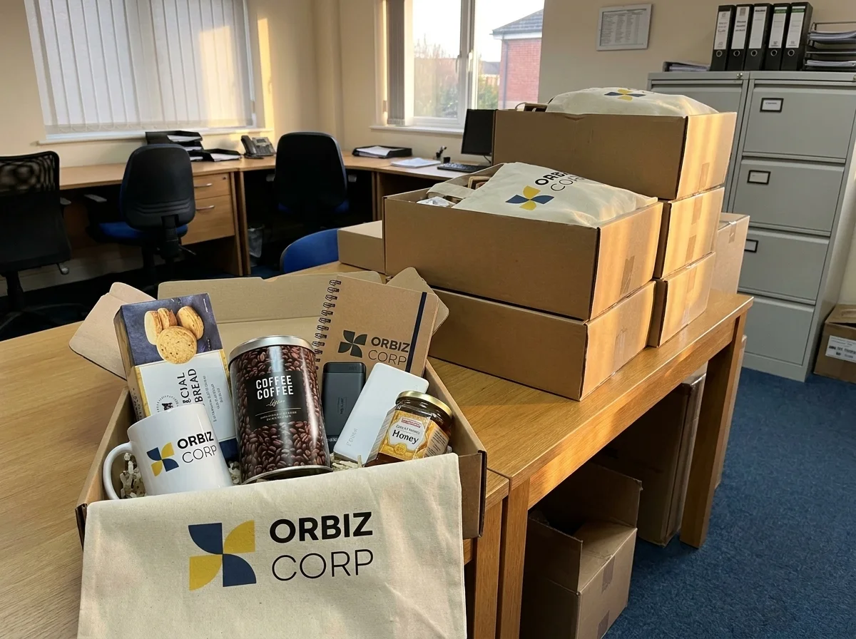Food, drinkware and stationery arranged in corporate hamper boxes
